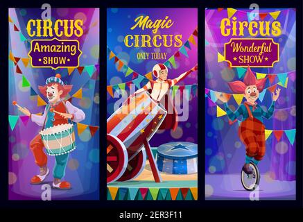 Spectacle de cirque, bannières vectorielles pour les grands artistes les plus populaires. Artistes sur le grand top tente arène de cirque spectacle magique. Clown équitation monowheel vélo, funnyman tambour Illustration de Vecteur