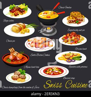 Cuisine suisse, plats à base de viande et desserts vecteurs. Ragoût de pintade, raclette avec pommes de terre et longe d'agneau alpin, tarte aux noix d'engadine, breto en sable Illustration de Vecteur