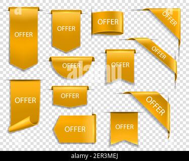 Rubans et bannières dorés, étiquettes dorées pour l'offre de promotion de prix, icônes vectorielles. Produit jaune doré, étiquettes de vente et badges autocollants de réduction, en ligne Illustration de Vecteur