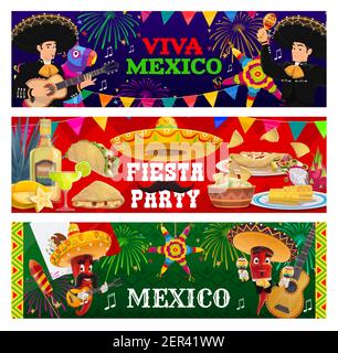 Bannières vectorielles Viva Mexico, fiesta Party. Musiciens de Mariachi, piments jalapeno piments en sombrero jouant de la guitare. Guacamole mexicaine, nachos au maïs, Illustration de Vecteur