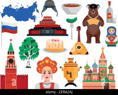 Russie symboles Voyage traditions monuments ensemble plat avec des crêpes kremlin illustration du vecteur de l'arbre de bouleau borscht de l'ours vodka Illustration de Vecteur