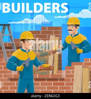 Constructeurs travaillant sur la construction de maisons. Mason ou bricklayer ouvriers en uniforme, portant un casque dur, posant des briques dans le mur de construction avec truelle. Constructeurs Illustration de Vecteur