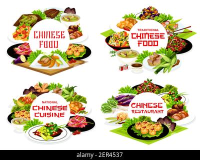 Bannière ronde vecteur repas chinois. Salades au concombre dans l'huile de Chili, bambou, canard et mangue, wonton aux crevettes, soupe de légumes et sautés Illustration de Vecteur