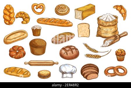 Pain, croquis et pâtisserie de boulangerie, icônes de vecteur de nourriture cuite. Pain de boulangerie baguette, croissant et pâtisserie au grain de blé, pain de seigle, bagel et pita, pain grillé Illustration de Vecteur