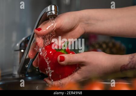 Gros plan les mains des femmes se lavant du paprika biologique rouge maison avec de l'eau du robinet. Concept: Mode de vie sain, végétalien, nourriture végétarienne, cuisine maison. Banque D'Images