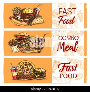 Bannières vectorielles pour les repas et les boissons rapides. Plats à emporter : pizza à emporter, hot dog et tacos mexicains, cheeseburger, frites avec soda glacé. Engra Illustration de Vecteur
