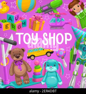 Magasin de jouets vecteur en caoutchouc canard, balle et pistolet à eau avec poupée, blocs cubes, boîte-cadeau et hélicoptère, scooter et voiture avec ours doux. Articles de jeu pour le magasin de bébé Illustration de Vecteur