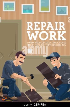 Travaux de réparation à domicile. Les installateurs de revêtements de sol stratifiés à l'aide d'un maillet en caoutchouc, pose de carreaux stratifiés vectoriels. Rénovation de maison et d'appartement, installation de sol Illustration de Vecteur