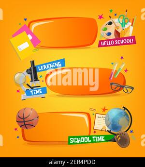 Bannières scolaires, cadres éducatifs vectoriels avec équipement d'étude de dessins animés et papeterie sport ball, gant et diplôme. Outils d'apprentissage microscope, Fla Illustration de Vecteur