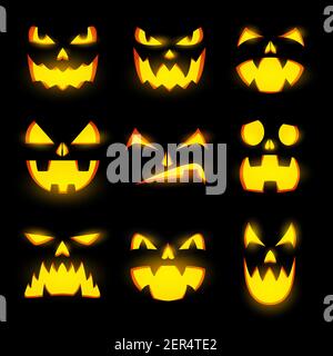 La citrouille lumineuse effrayante fait face à des icônes vectorielles isolées, des émoticônes de monstres d'Halloween, des émoticônes de lanternes de citrouilles, des expressions en colère et lugueuses, un mal effrayant et lugubre Illustration de Vecteur