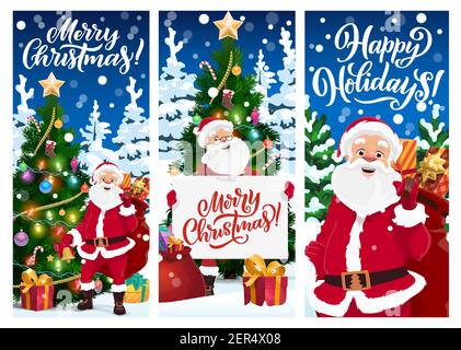 Cartes de vœux de Noël ou bannières vectorielles. Dessin animé Père Noël avec Noël présente un stand de sac à l'épicéa sapin-tréesor décoré avec des boîtes-cadeaux très Illustration de Vecteur