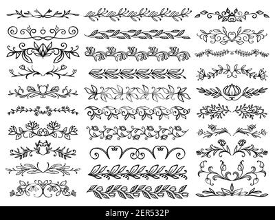 Ensemble de modèles de bordures ou de séparateurs floraux. Ornement bordures avec feuilles, fleurs fleuries et racéme, diviseur avec vapeur de plantes grimpantes, branche incurvée Illustration de Vecteur