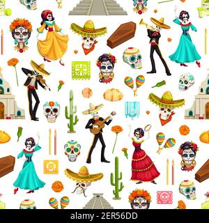 Journée mexicaine des morts sans couture. Fond vectoriel des crânes de sucre Dia de los Muertos, sombreros et guitares, Catrina, fleurs marigold et c Illustration de Vecteur