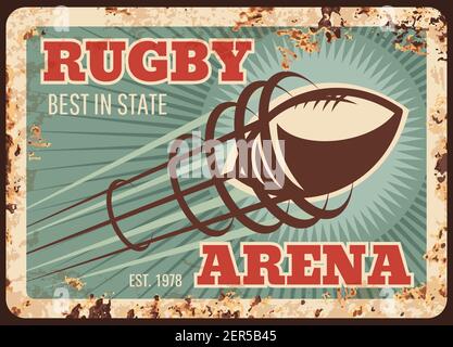Rugby sport métal plaque rouillée, football américain ballon sur l'arène, vecteur poster rétro. Rugby football club but, varsity et championnat d'équipe d'université Champio Illustration de Vecteur