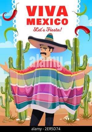 Homme mexicain dans sombrero et poncho, vecteur Viva Mexique carte de voeux. Fiesta Party mariachi musicien personnage de dessin animé, piments rouges et verts, Illustration de Vecteur