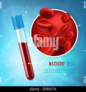 Affiche de médecine vectorielle de test sanguin contenant des globules rouges 3d et du sang dans une fiole en verre. Hémoglobine, hématologie aide médicale avec des cellules sanguines microscopiques réalistes Illustration de Vecteur