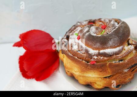 Gateau De Paques Avec Tulipe Rouge Sur Fond Bleu Photo Stock Alamy