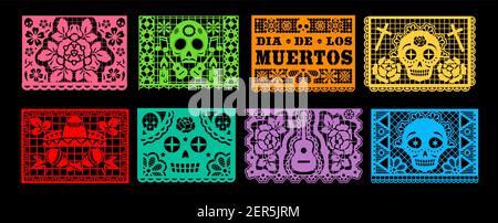 Dia de los Muertos papel picado ensemble vectoriel de la fête mexicaine des morts ou de vacances d'Halloween. Drapeaux de coupe de papier de guirlande de groupage avec motif de crâne, Illustration de Vecteur