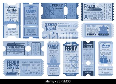 Billets pour le ferry, croisière en bateau et billets de croisière en ligne, cartes vectorielles. Lignes de mer et excursions marines, traversée en ferry et en bateau, billets de transport Illustration de Vecteur