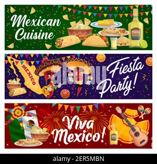 Cuisine mexicaine et Cinco de Mayo fiesta fête poivre mariachi bannières vectorielles de Viva Mexico. Personnages de piment dans des sombreros, des maracas et de la guitare, Illustration de Vecteur