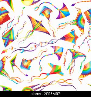 Motif sans couture avec cerfs-volants sur fond blanc. Dessin animé coloré oiseau, poisson, papillon ou libellule vol de jouets vectoriels en papier ou en tissu. Enfants Illustration de Vecteur