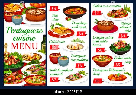 Menu Vectoriel Portugais De Boulettes Avec Viande Caldeirada Et Riz Au Lait Sandwich Au Maquereau Turc Gateau Aux Amandes D Epoque Salade De Pieuvre Avec Image Vectorielle Stock Alamy