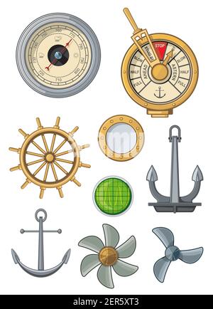 Icônes de navires marins et nautiques des symboles vectoriels plats d'ancre, de voile et de navigation de mer. Équipement nautique, boussole, volant de direction de bateau, moteur pro Illustration de Vecteur
