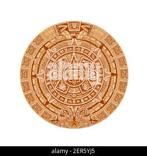 Vecteur de calendrier Maya ancienne pierre ronde mexicaine avec symboles hiéroglyphe. Culture aztèque, religion et tradition sculpture, calendrier astrologique avec Illustration de Vecteur