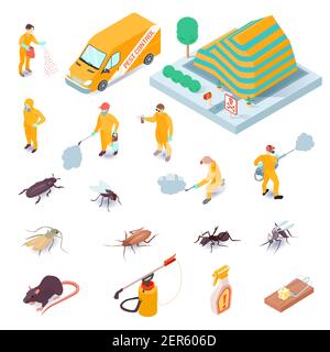 Ensemble isométrique d'icônes avec les spécialistes de service de lutte antiparasitaire leur équipement insectes et rongeurs 3d vecteur isolé illustration Illustration de Vecteur