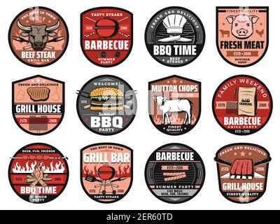 Barbecue, bar grill et pique-nique hamburgers vecteur icônes de feu de charbon de bois. Cheeseburger au barbecue, saucisse et steak de viande de porc, mouton et bœuf Illustration de Vecteur