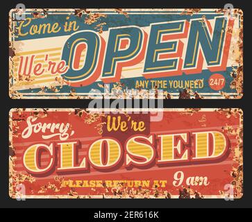 Plaques métalliques rouillées vectorielles ouvertes et fermées, panneaux d'étain rouille vintage pour le magasin. Porte d'entrée de café, de magasin ou de bureau panneaux d'information ferrugineux pour vis Illustration de Vecteur