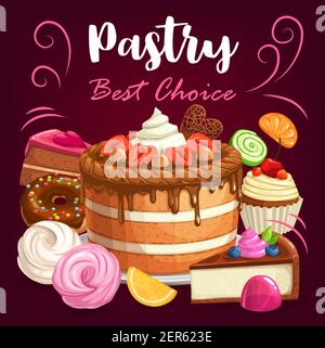 Pâtisseries, desserts et boulangerie pâtisseries sucrées, affiche vectorielle. Menu de desserts à la pâtisserie avec pâtisseries sucrées, gâteau au chocolat, cheesecake, beignet wi Illustration de Vecteur