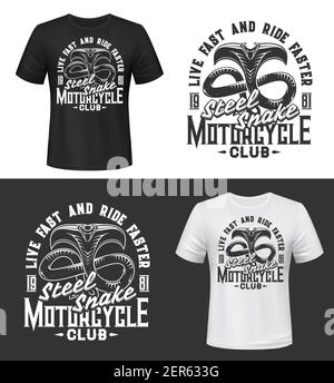 Imprimé t-shirt avec cobra, mascotte vecteur pour club moto, maquette de vêtement avec capuche étendue serpent attaquant et bouche ouverte. Uniforme, t-shirt actif Illustration de Vecteur