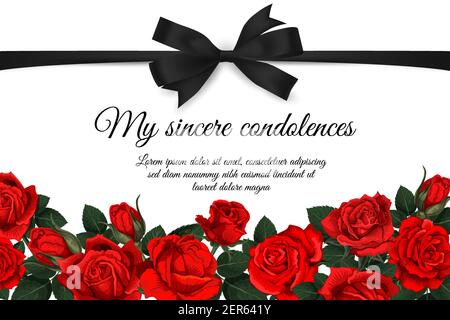 Carte funérie avec ruban de deuil et roses. Affiche nécrologique, carte de condoléances avec noeud en ruban noir, fleurs roses rouges, bourgeons et feuilles gravées de vecto Illustration de Vecteur