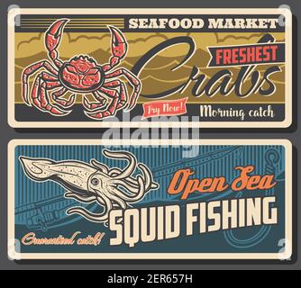 Crabes frais et calmars. Tige avec bobine et crochet, vecteur de capture de l'industrie de la pêche. Produits de fruits de mer frais, marché ou magasin de viande de crabe, pêche en mer ouverte h Illustration de Vecteur