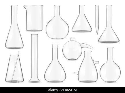 Tubes à essai en verre, flacons de chimie et béchers maquette de vecteur 3d isolée réaliste. Verrerie transparente vide de différentes formes pour produits chimiques ou m Illustration de Vecteur