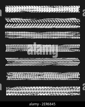 Empreintes de pneus, les pneus tracent des traces de grunge isolées de voiture vecteur marques blanches. Rallye, protecteurs de motocross, véhicule, transport traces de roues sales. Illustration de Vecteur