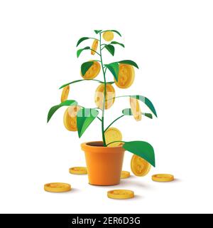 Un arbre monétaire réaliste avec des pièces d'or en dollars. Finances et banques, épargne et investissements. Illustration vectorielle Illustration de Vecteur