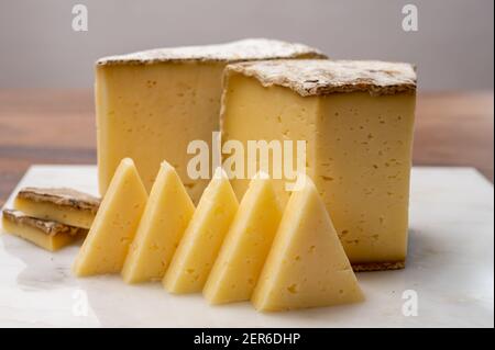 Collection de fromages, tomme de Savoie de Savoie dans les Alpes françaises, fromage de lait de vache doux avec intérieur beige et croûte épaisse gris brunâtre Banque D'Images