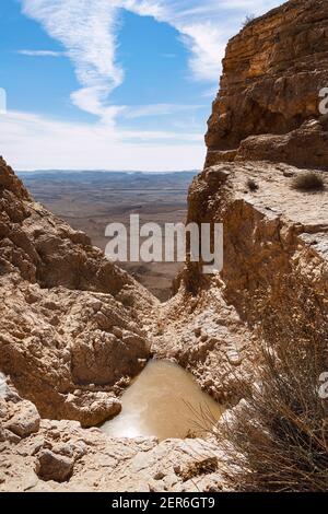 piscine de pluie dans un étroit canyon au bord du makhtesh ramon cratère en israël avec le fond de la cratère et ciel bleu partiellement nuageux dans le dos Banque D'Images