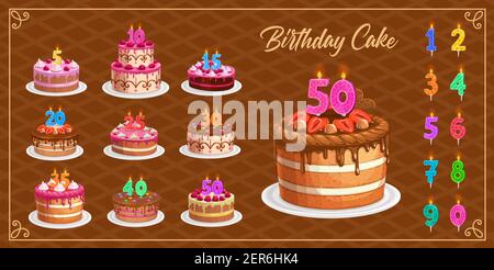 Bougies sur des gâteaux d'anniversaire avec des numéros d'âge de un à dix icônes vectorielles isolées. Joyeux anniversaire, fête. Petits gâteaux et bougie colorée digi Illustration de Vecteur