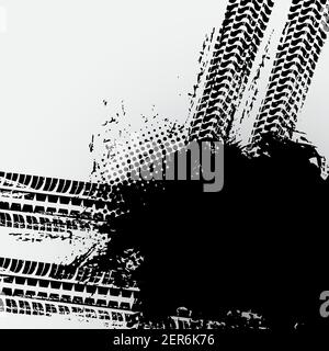 Grince des pneus de voiture tout-terrain, le camion suit le motif sur fond de demi-teinte vecteur blanc. Les roues noires détournent les traces et les empreintes, les pneus de voiture tout-terrain et le moteur Illustration de Vecteur