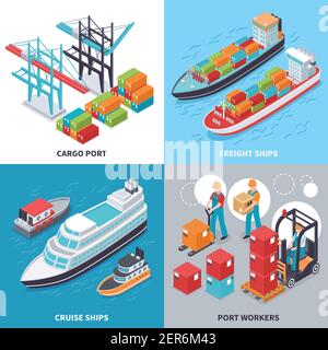 Concept de conception isométrique 2x2 avec fret et navires de croisière et travailleurs de port maritime isolés sur fond coloré illustration 3d vecteur Illustration de Vecteur