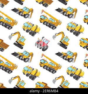 Motif sans couture avec panneaux de signalisation jaune pour les camions, les voitures et les routes. Tracteur rouge, pelle hydraulique, machine Digger, machines de construction, mélangeur de béton. Illustration de Vecteur