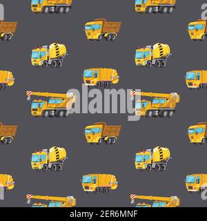 Motif sans couture avec panneaux de signalisation jaune pour les camions, les voitures et les routes. Tracteur rouge, pelle hydraulique, machine Digger, machines de construction, mélangeur de béton. Illustration de Vecteur