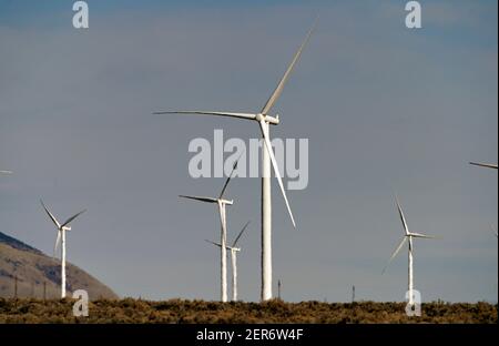 Ely, Nevada, États-Unis. 26 février 2021. Des moulins à vent sont vus à Spring Valley Wind, le premier parc éolien du Nevada, le 26 février 2021. La ferme est détenue et exploitée par Pattern Energy. L'installation est située dans la vallée de Spring, au nord-ouest du parc national de Great Basin et à environ 30 miles à l'est d'Ely, Nevada. Le projet de 152 mégawatts, construit en 2012, utilise 66 éoliennes Siemens SWT-2.3-101 et se connecte au système de transmission NV Energy. Crédit : David Becker/ZUMA Wire/Alay Live News Banque D'Images