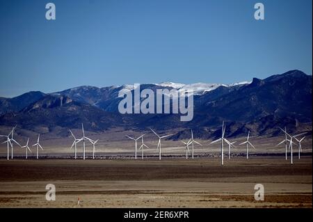 Ely, Nevada, États-Unis. 26 février 2021. Des moulins à vent sont vus à Spring Valley Wind, le premier parc éolien du Nevada, le 26 février 2021. La ferme est détenue et exploitée par Pattern Energy. L'installation est située dans la vallée de Spring, au nord-ouest du parc national de Great Basin et à environ 30 miles à l'est d'Ely, Nevada. Le projet de 152 mégawatts, construit en 2012, utilise 66 éoliennes Siemens SWT-2.3-101 et se connecte au système de transmission NV Energy. Crédit : David Becker/ZUMA Wire/Alay Live News Banque D'Images