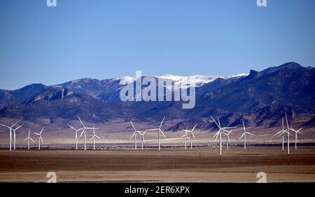 Ely, Nevada, États-Unis. 26 février 2021. Des moulins à vent sont vus à Spring Valley Wind, le premier parc éolien du Nevada, le 26 février 2021. La ferme est détenue et exploitée par Pattern Energy. L'installation est située dans la vallée de Spring, au nord-ouest du parc national de Great Basin et à environ 30 miles à l'est d'Ely, Nevada. Le projet de 152 mégawatts, construit en 2012, utilise 66 éoliennes Siemens SWT-2.3-101 et se connecte au système de transmission NV Energy. Crédit : David Becker/ZUMA Wire/Alay Live News Banque D'Images