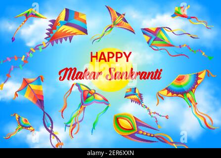 Festival Makar Sankranti, affiche de vacances du calendrier hindou du solstice d'hiver. Fête de la moisson fond de célébration, Inde et Népal hindouisme religion ho Illustration de Vecteur