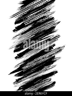 Imprimés de pneus de grunge, motif noir abstrait vectoriel sur fond blanc. Rallye, impression de pneus sales de motocross, texture de sentiers de randonnée tout-terrain Illustration de Vecteur